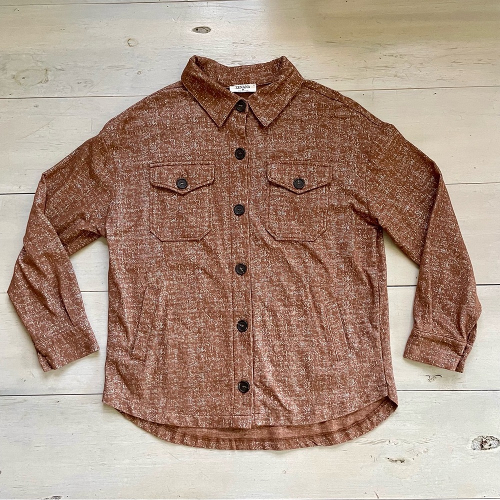 Zenana Women’s Shacket Sz M Brown White Overshirt Diagonal Side Pockets Utility